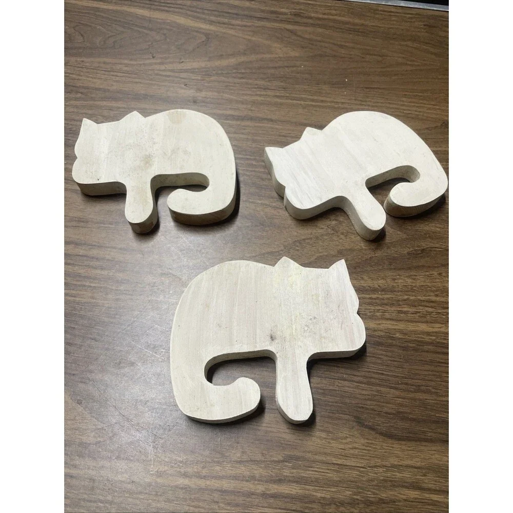 3 Solid Wooden Cat Kitten Shapes for Crafting Painting Art